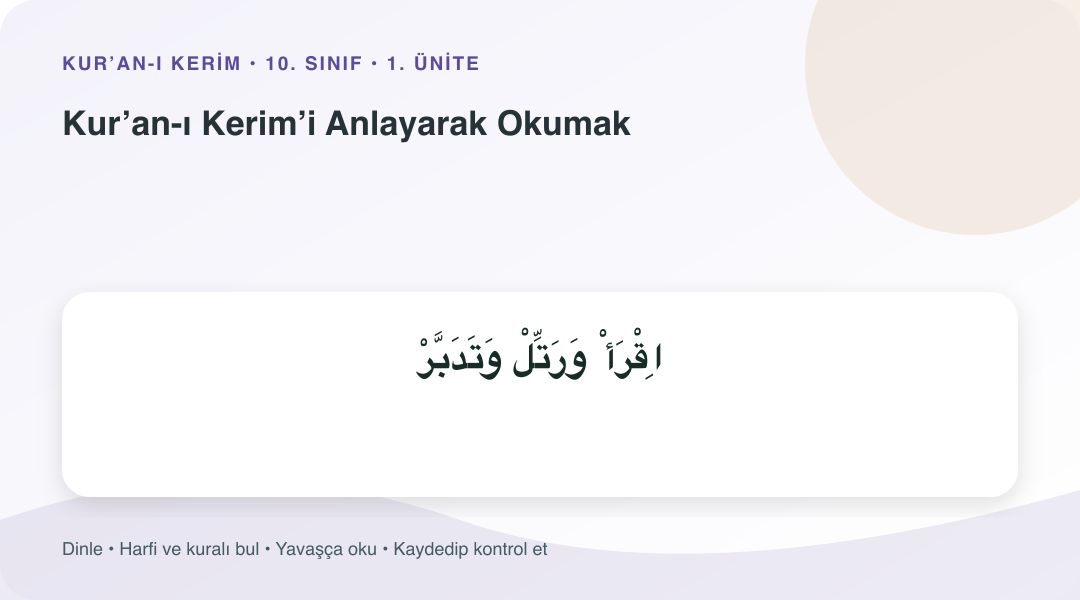 Kur’an-ı Kerim’i Anlayarak Okumak konusu için Arapça örnekli öğretim görseli