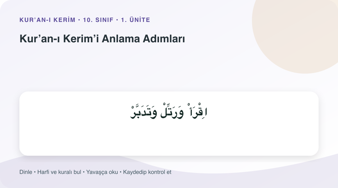 Kur’an-ı Kerim’i Anlama Adımları konusu için Arapça örnekli öğretim görseli