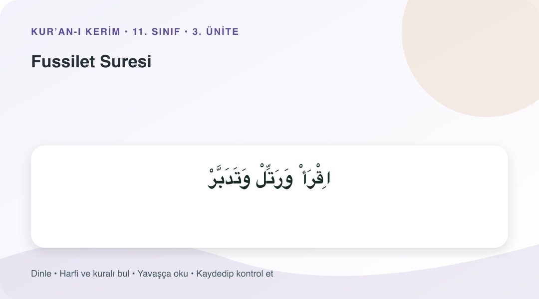 Fussilet Suresi konusu için Arapça örnekli öğretim görseli