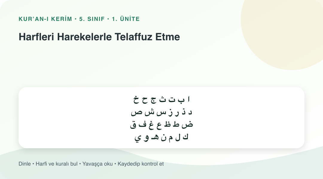 Harfleri Harekelerle Telaffuz Etme konusu için Arapça örnekli öğretim görseli