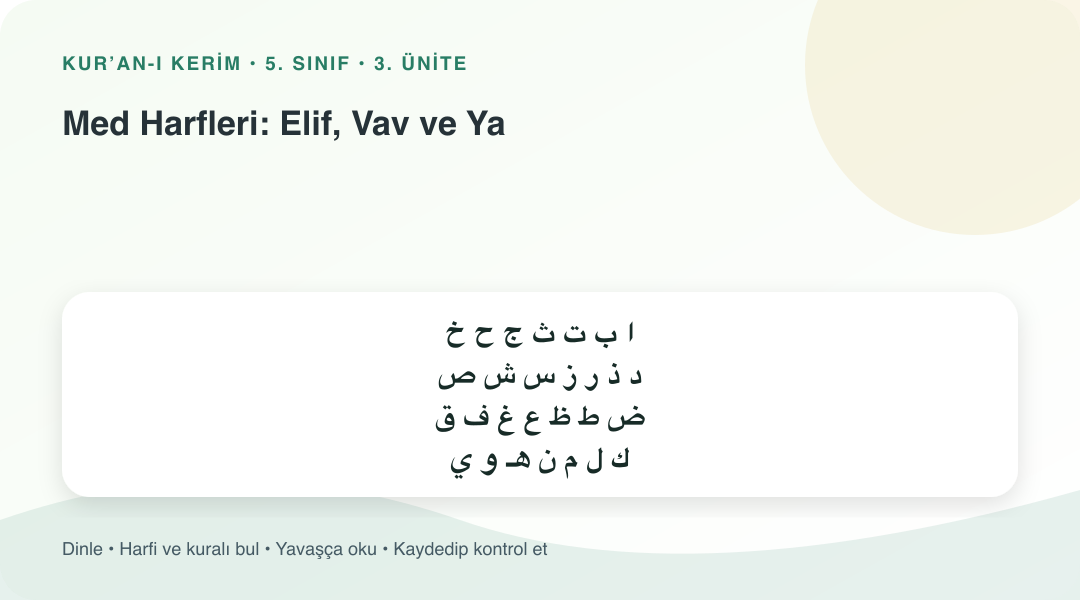 Med Harfleri: Elif, Vav ve Ya konusu için Arapça örnekli öğretim görseli