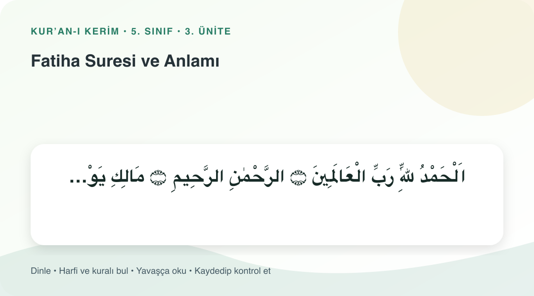 Fatiha Suresi ve Anlamı konusu için Arapça örnekli öğretim görseli