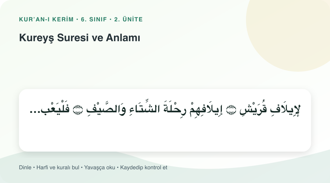Kureyş Suresi ve Anlamı konusu için Arapça örnekli öğretim görseli
