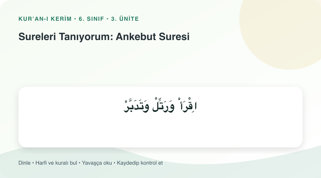 Sureleri Tanıyorum: Ankebut Suresi konusu için Arapça örnekli öğretim görseli