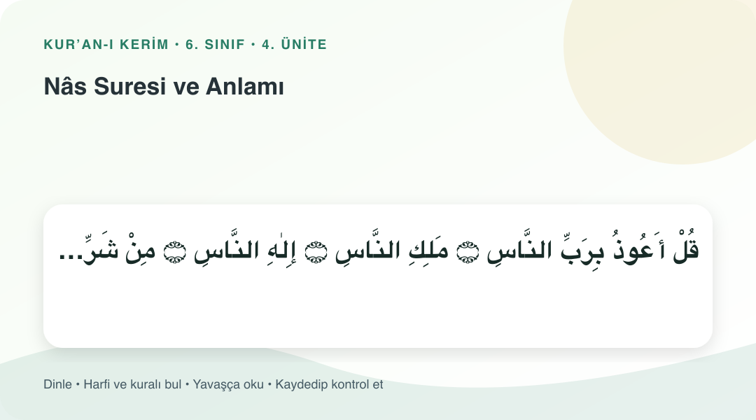 Nâs Suresi ve Anlamı konusu için Arapça örnekli öğretim görseli