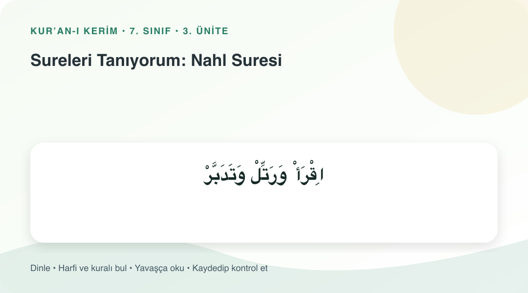 Sureleri Tanıyorum: Nahl Suresi konusu için Arapça örnekli öğretim görseli