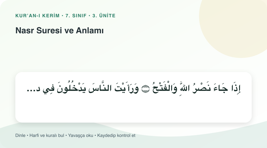 Nasr Suresi ve Anlamı konusu için Arapça örnekli öğretim görseli