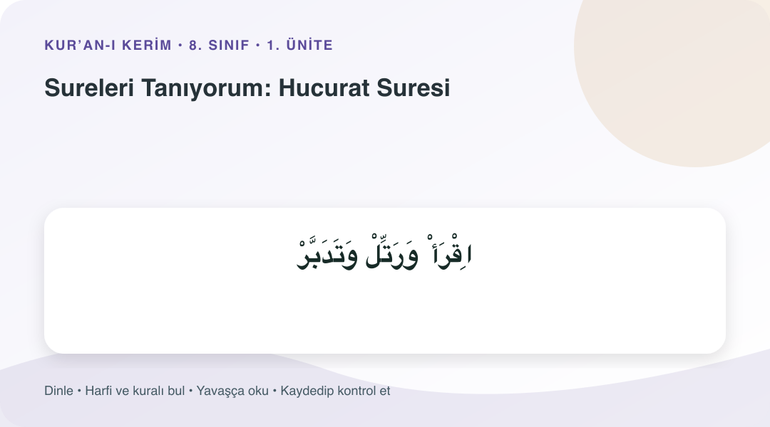 Sureleri Tanıyorum: Hucurat Suresi konusu için Arapça örnekli öğretim görseli
