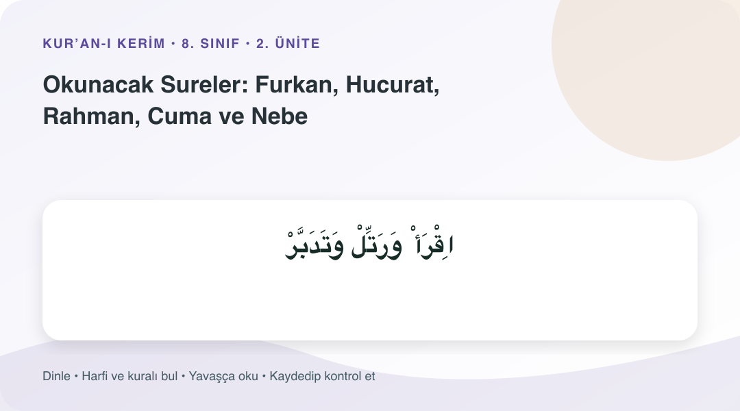 Okunacak Sureler: Furkan, Hucurat, Rahman, Cuma ve Nebe konusu için Arapça örnekli öğretim görseli